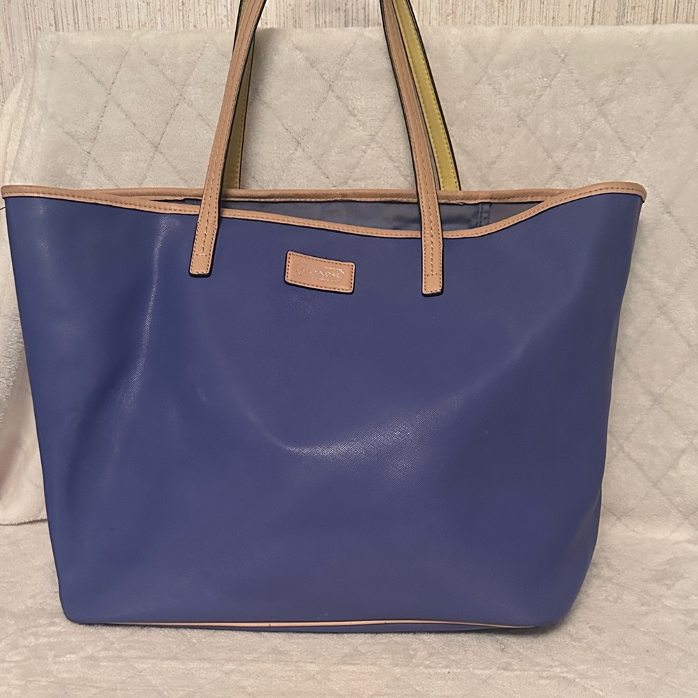 Project Coach Blue Leather Tote with Tan Accents/ handles are tan and yellow
